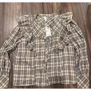 NWT MANGO Plaid Ruffle Detail Long Sleeve Blouse sz L